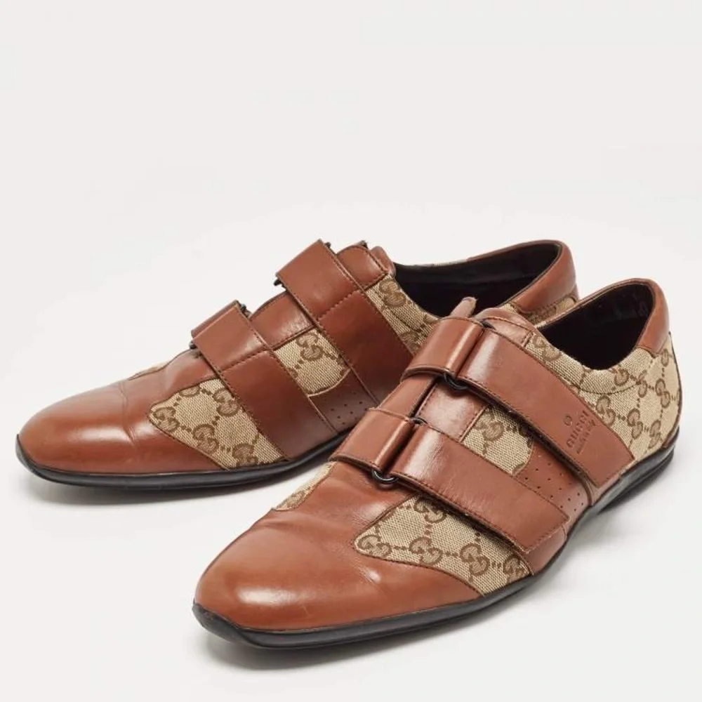 Gucci Tan and Brown Velcro Canvas Leather Men's Sneakers